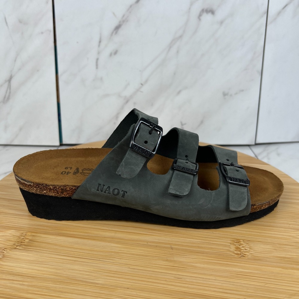 NAOT Womens Size 9 Grey Suede Triple Buckle Strap Slide On Sandals Shoes